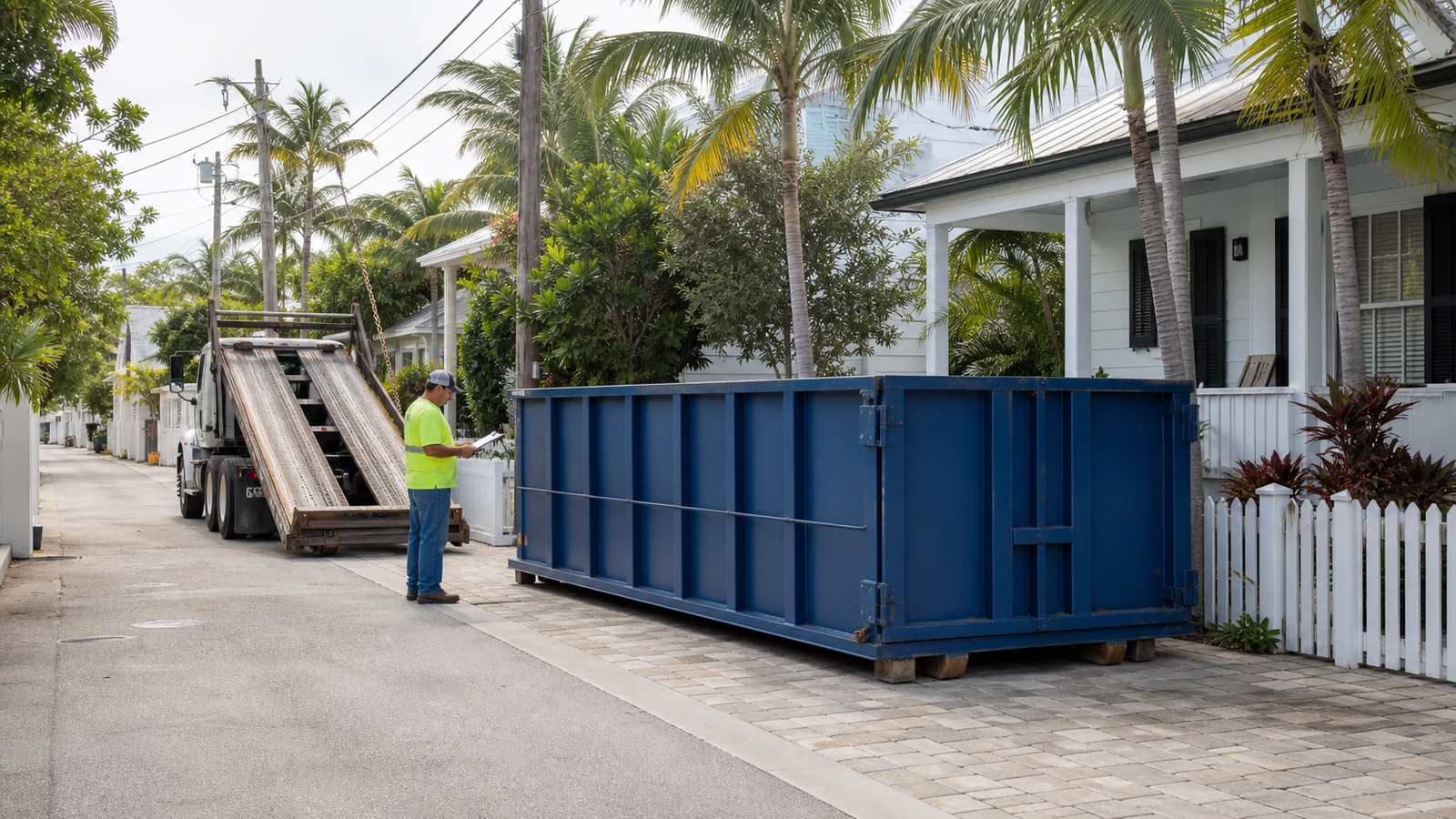 Roll-off dumpster and delivery truck on a narrow Key West street as a contractor checks the placement area.