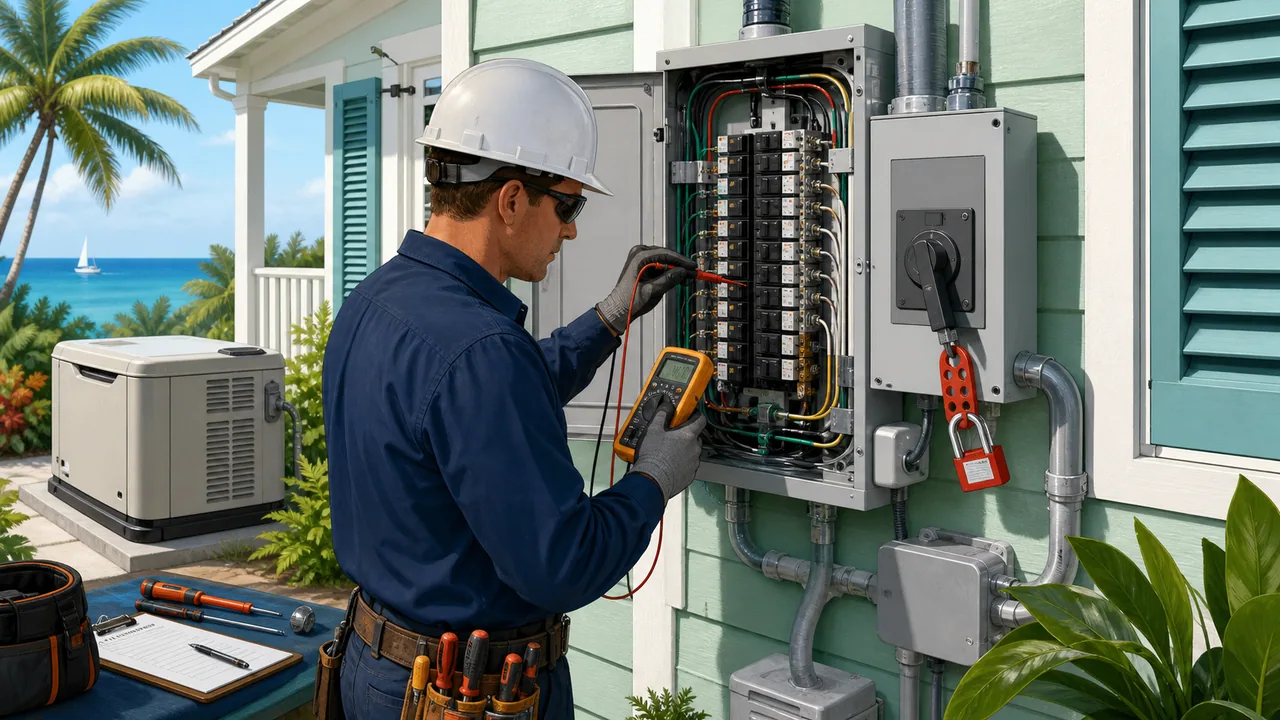 Key West electrician service setup with breaker panel tools, safety gear, and coastal home context.