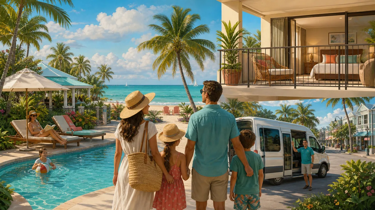Family resort pool area in Key West with palm shade, pool towels, and guest-ready seating.