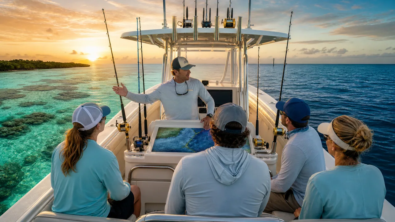 Key West fishing charter dock with rods, tackle, cooler, and offshore morning light.