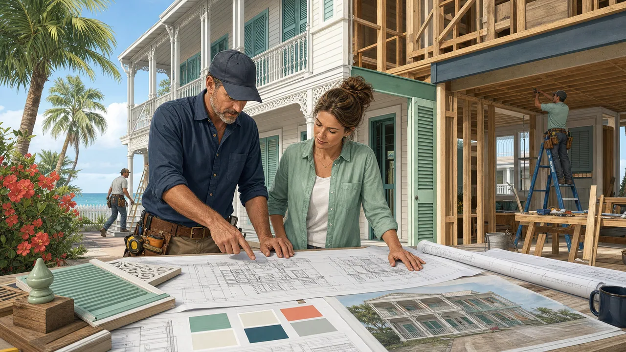 Key West contractor planning scene with drawings, renovation materials, and historic home exterior details.