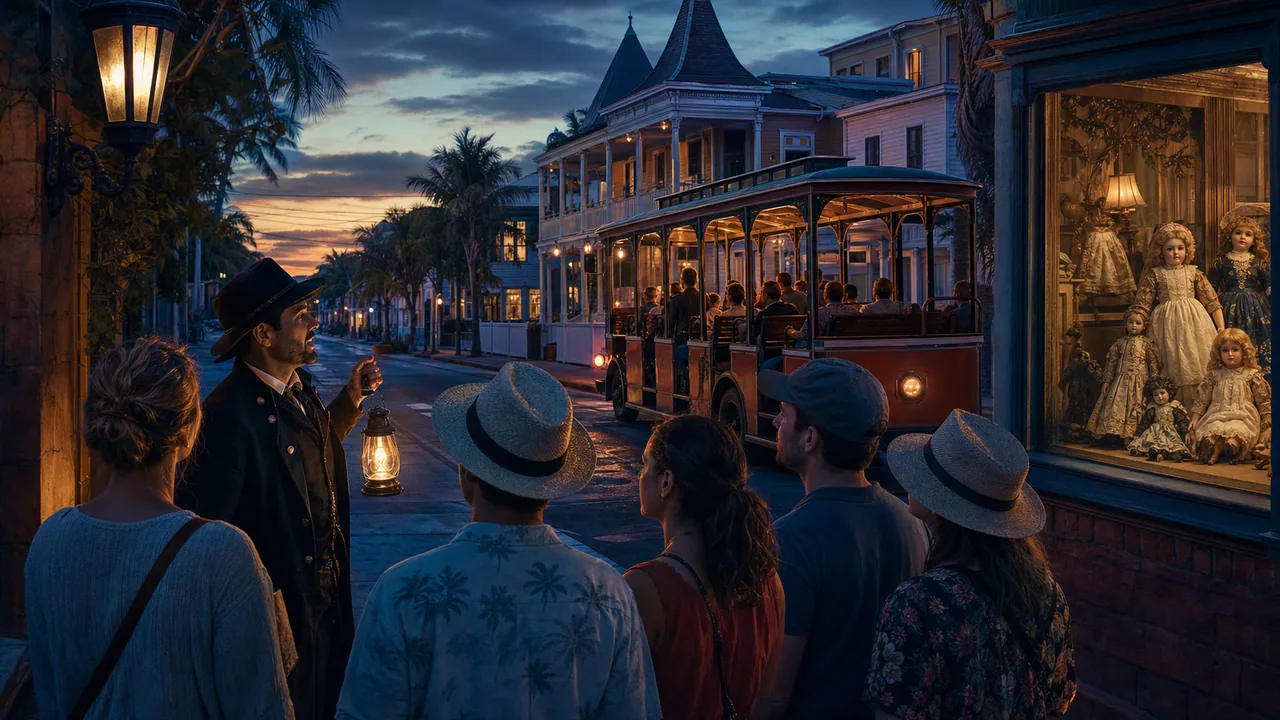 Key West ghost tour street scene at dusk with historic house, lantern light, and tour-route mood.