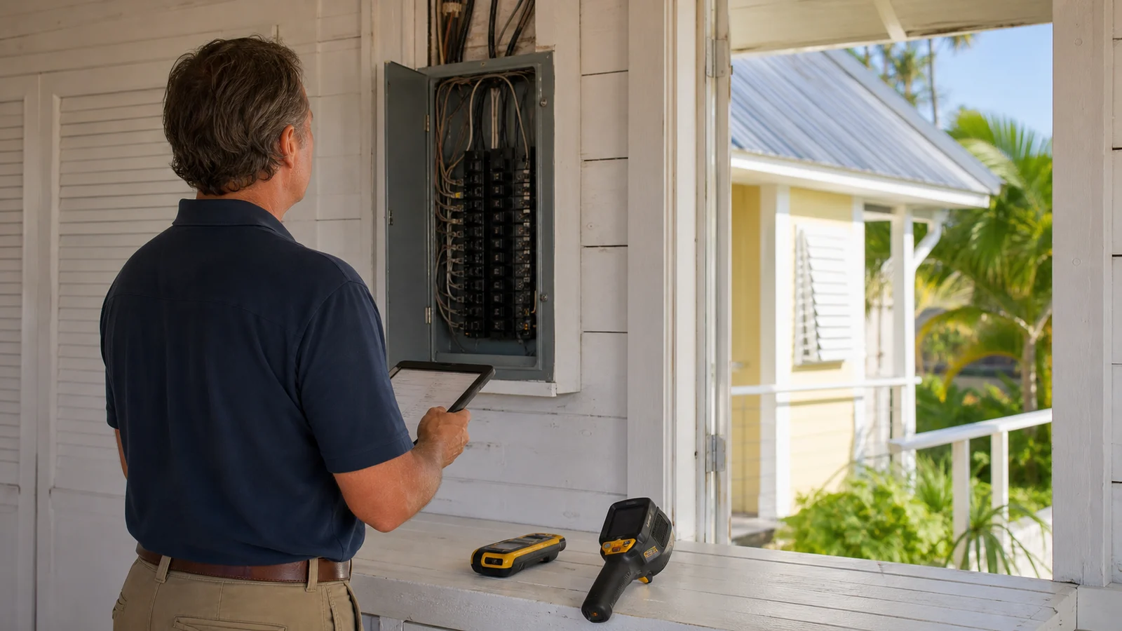 Home inspector checking an electrical panel with moisture and thermal tools in a Key West house.