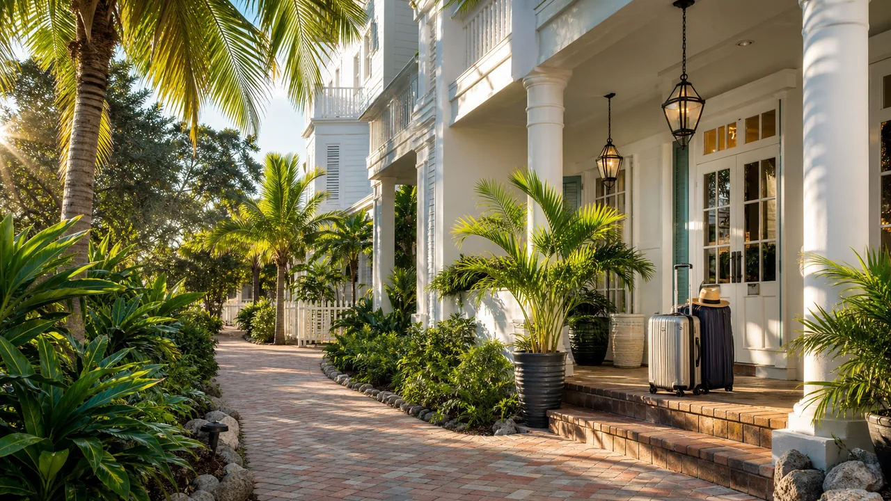 Key West hotel courtyard entrance with luggage, tropical landscaping, and warm coastal travel light.