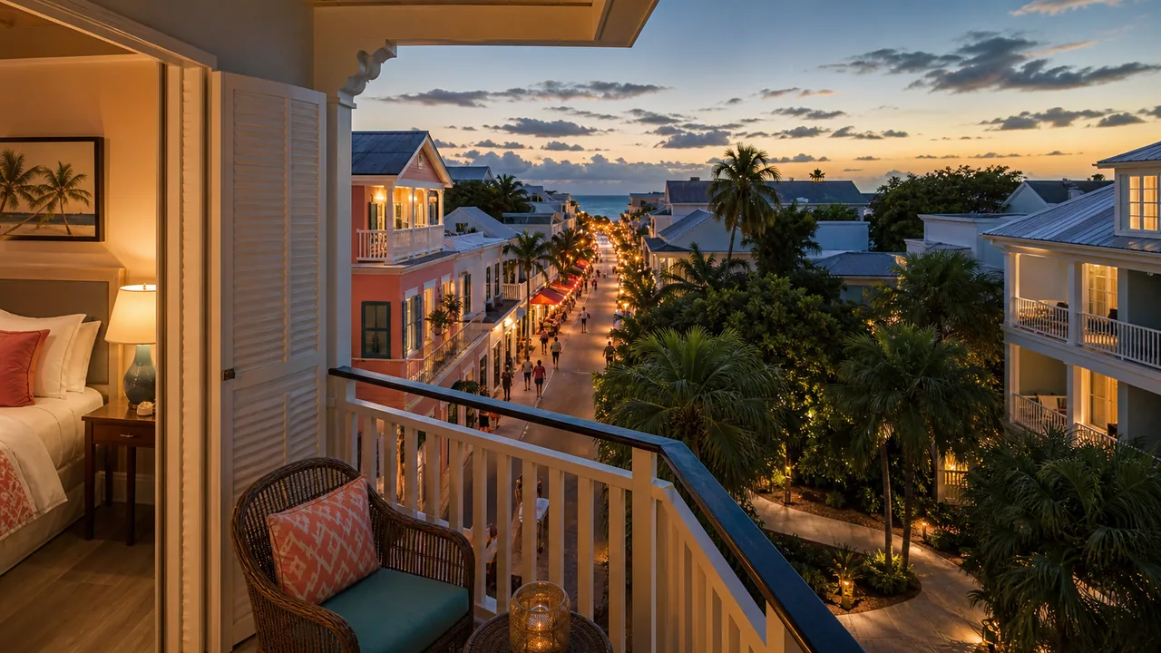 Duval Street hotel entrance scene with luggage, balconies, and walkable Key West street context.