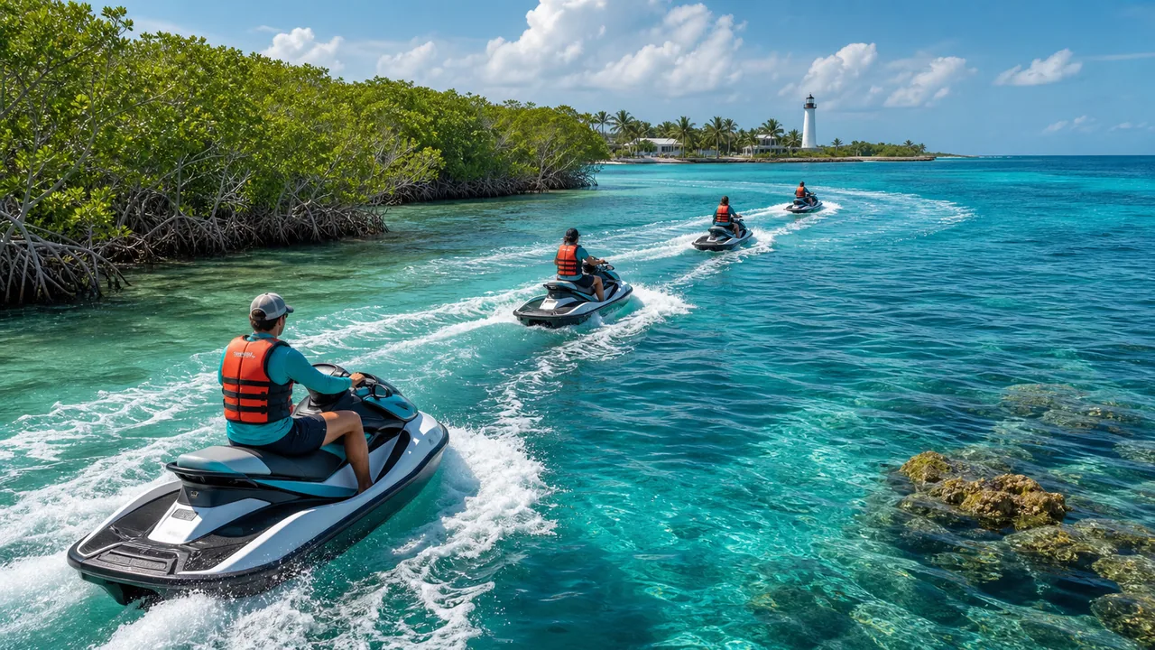 Key West jet ski tour launch scene with safety gear, shallow water, and mangrove route context.