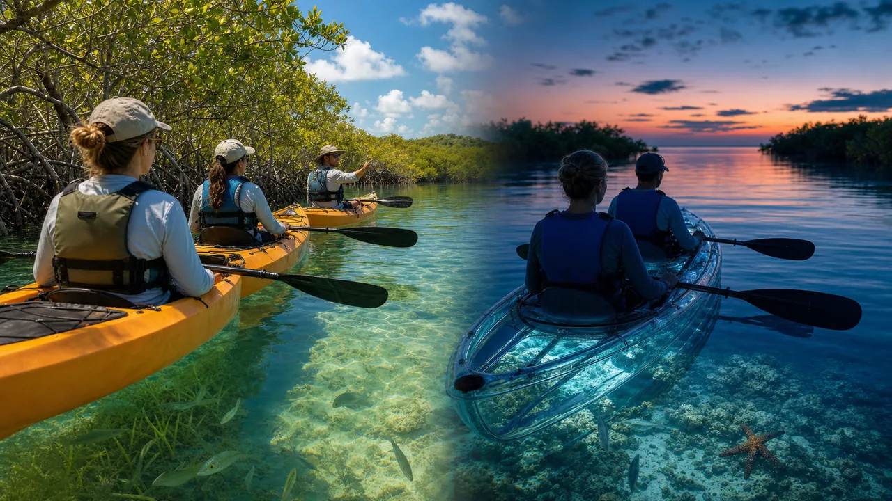 Key West kayak tour scene with paddles, mangroves, shallow water, and small-group nature tour feel.