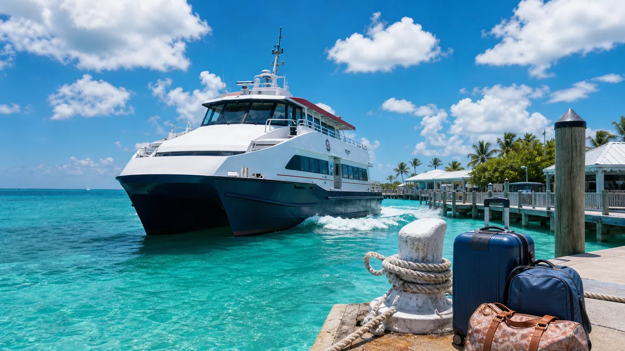 Passenger ferry arriving at a Key West dock with luggage, mooring lines, and turquoise water.