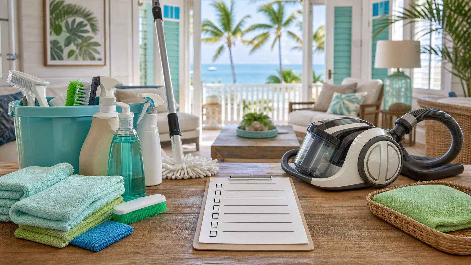 Cleaning checklist and supplies in a Key West home.