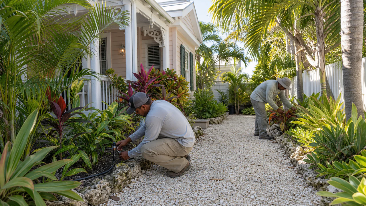 Key West landscapers tending tropical planting and checking drip irrigation beside a conch-style home.