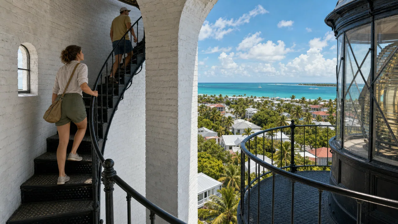 Key West lighthouse and garden approach under clear tropical light for a visitor review guide.