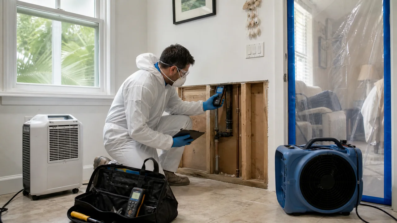 Key West mold-remediation assessment with moisture meter, containment equipment, and documented wall inspection.
