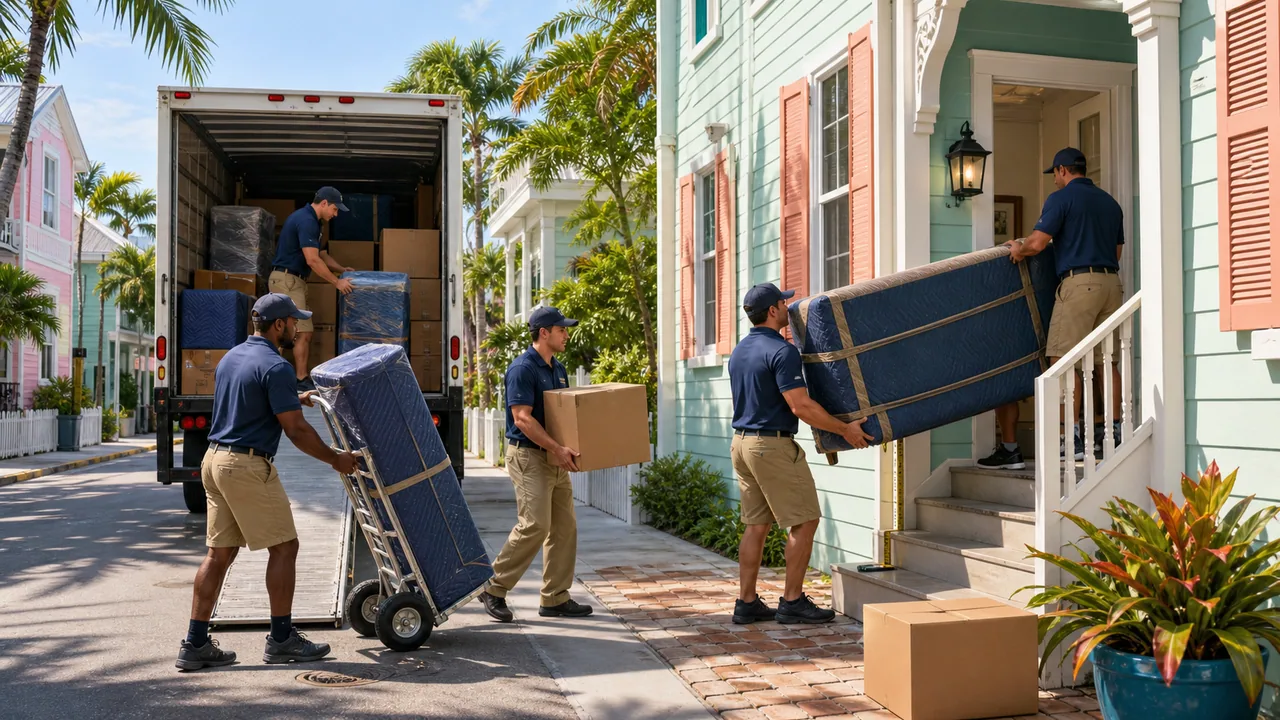 Key West moving company scene with boxed household goods, hand truck, and narrow island street context.