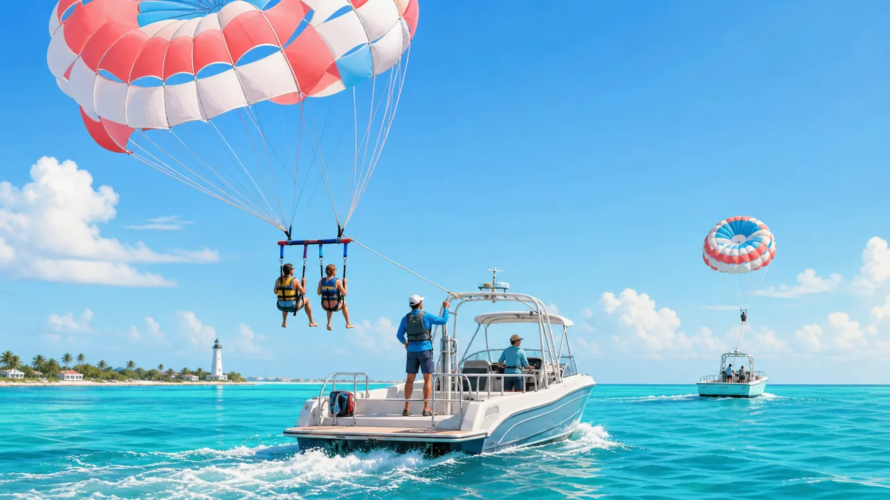 Key West parasailing boat setup with harness gear, tow line, and open blue water.