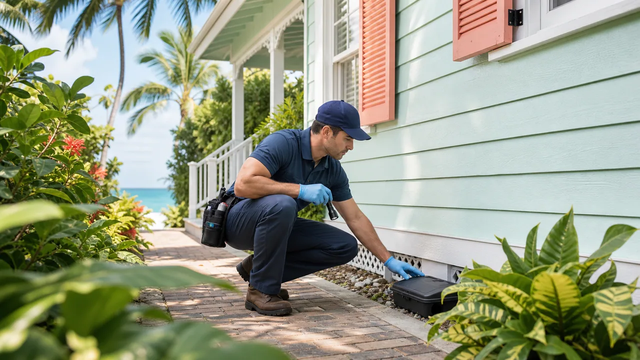 Key West pest control service visit staged outside a tropical home with tidy equipment.