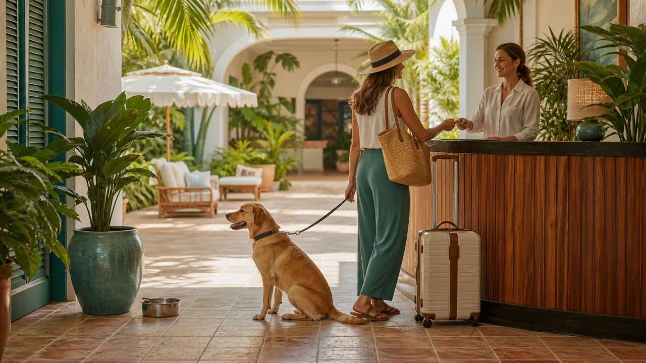 Pet friendly Key West hotel porch with dog travel gear and tropical courtyard details.