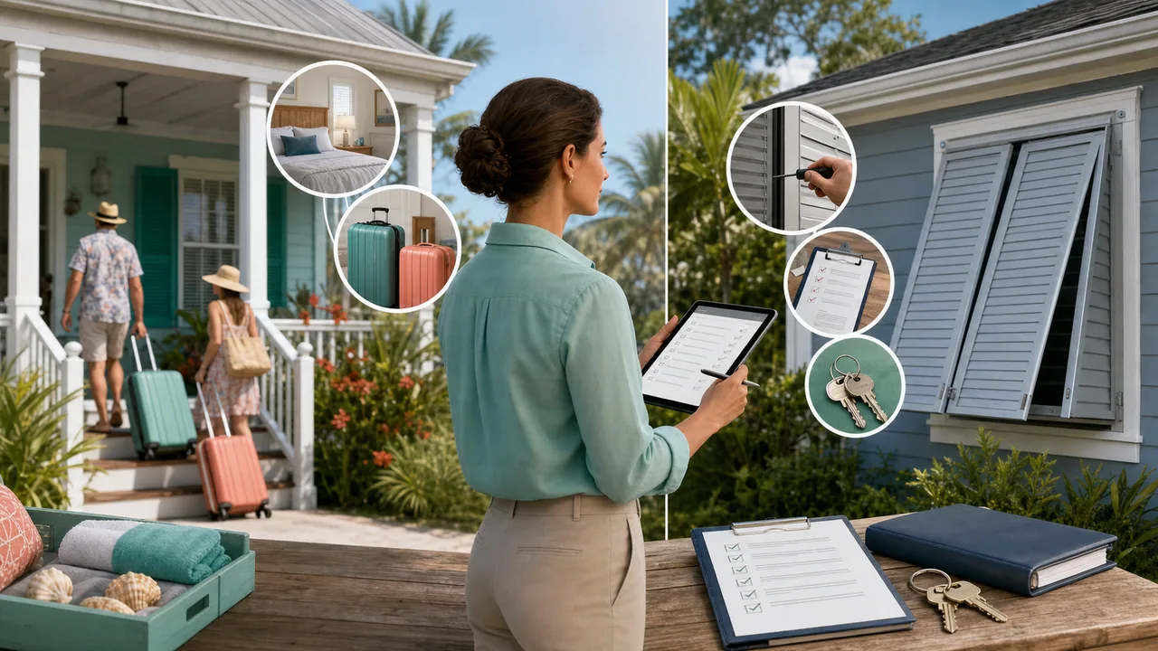 Key West property management inspection scene with clipboard, rental home exterior, and tropical landscaping.