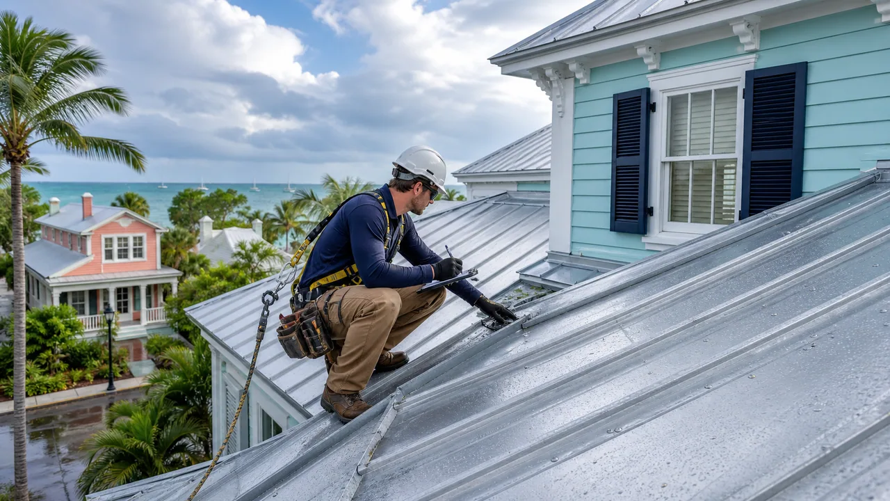 Key West roofing inspection scene with ladder, metal roof, and tropical storm-resilience context.
