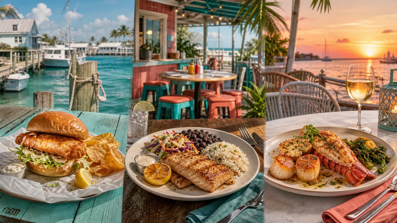 Key West seafood restaurant table with local fish, stone crab style details, and harbor atmosphere.