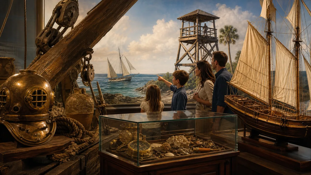 Key West maritime museum style scene with shipwreck artifacts, wood details, and historic harbor cues.