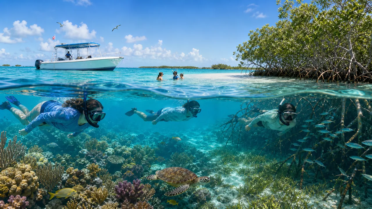 Key West snorkeling tour boat with masks, fins, reef water, and clear Florida Keys light.