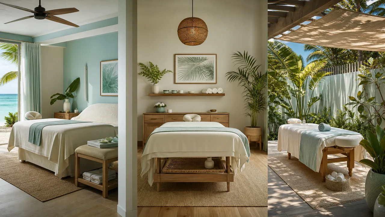 Key West spa treatment room with massage table, clean linens, and tropical natural light.