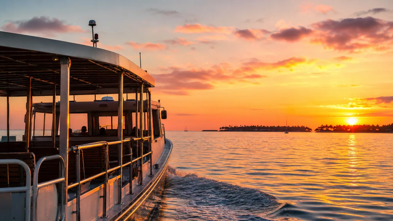 Key West sunset cruise boat on calm water with railings, wake, and orange-pink horizon.