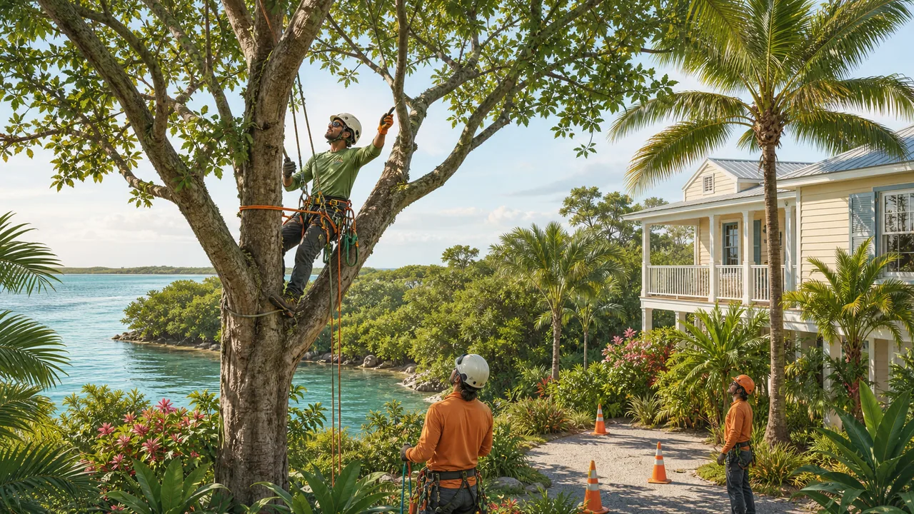 Key West tree service assessment with palms, trimming gear, and storm-season yard context.