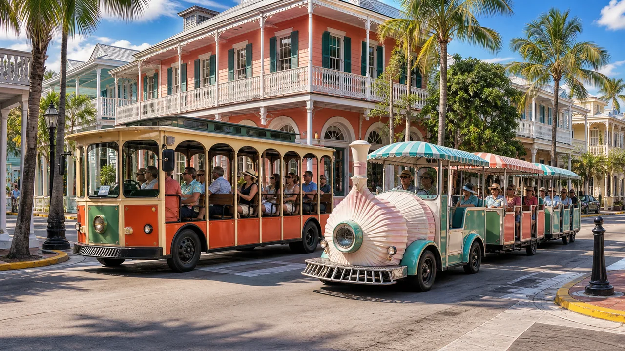 Key West sightseeing trolley and road-train style tour comparison scene without branding.