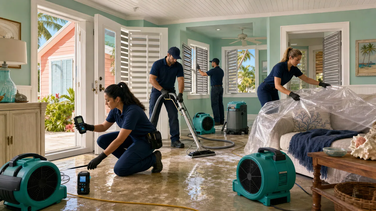 Key West water damage restoration setup with drying equipment, moisture meter, and storm-recovery context.