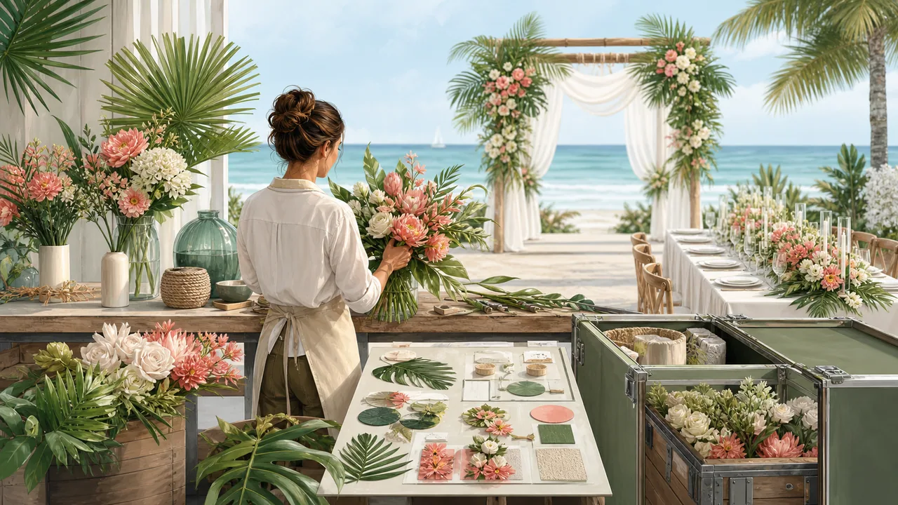 Key West wedding florist workspace with tropical arrangements, bouquet mechanics, and event setup details.