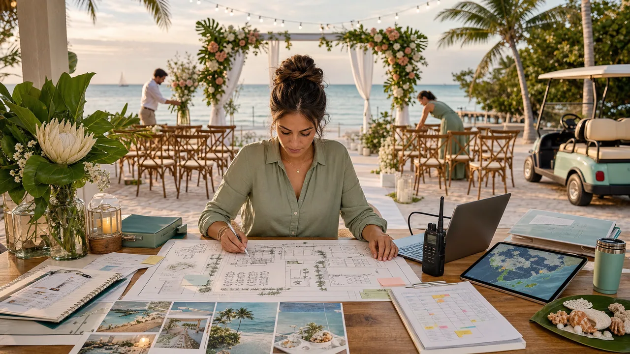 Key West wedding planning table with venue notes, floral swatches, and coastal event details.